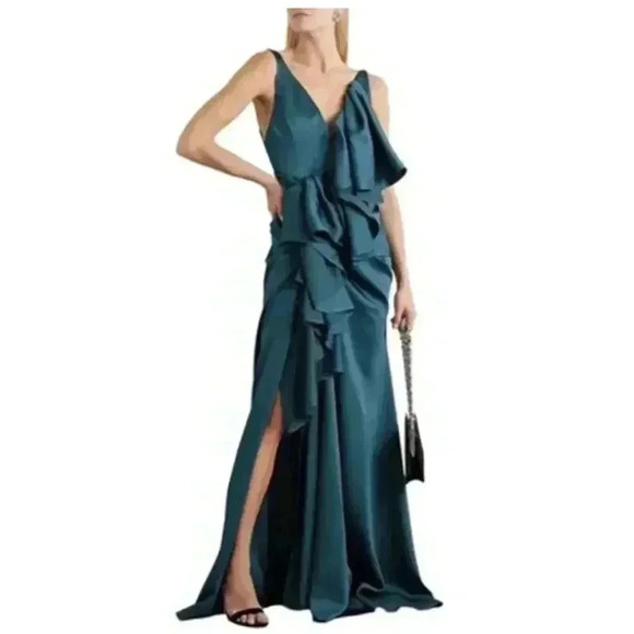 Solace London Deep Jade Ruffle Spaghetti Strap Satin Gown Size 6 NEW NWT!